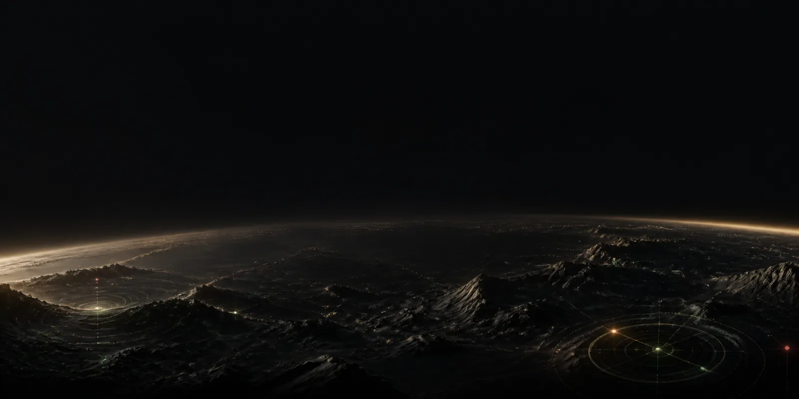 Montanha Olympus sob arcos orbitais luminosos em uma paisagem tecnológica escura
